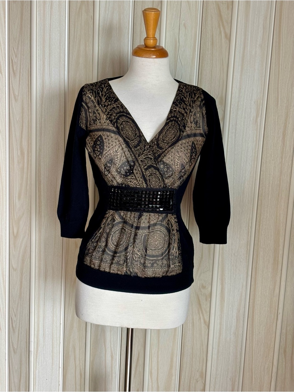 Black V-Neck Patterned Sweater with Black Beads Accent